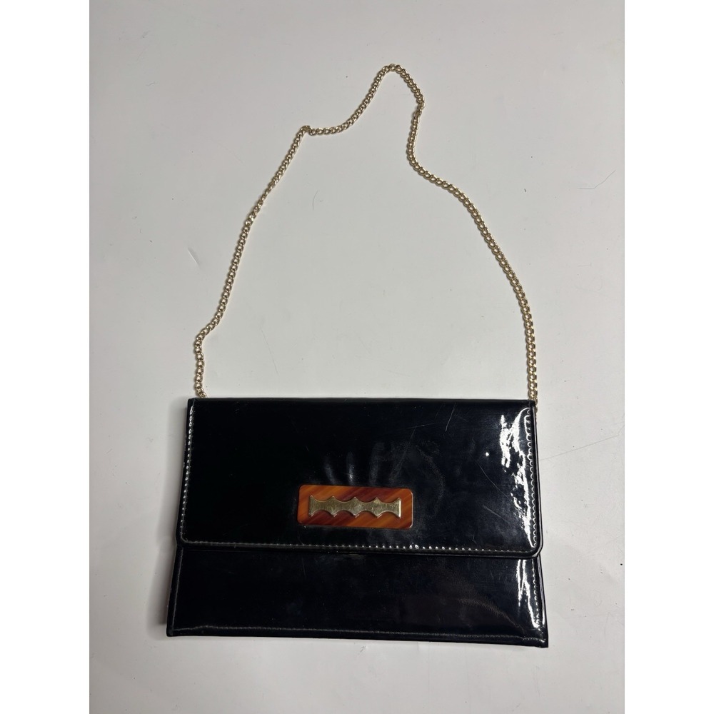 VTG 90s Bazaar Clutch Bag Black Gold Chain Detail Envelope Old Evening Money 9x6